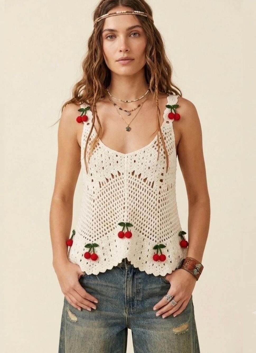 Rebellion Again Cream Crochet Tank Top with Cherry Accents